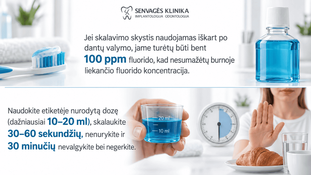 „Infografika apie burnos skalavimo skysčio naudojimą po dantų valymo: bent 100 ppm fluorido, 10–20 ml dozė, skalauti 30–60 sekundžių, nenuryti ir 30 minučių nevalgyti bei negerti.“