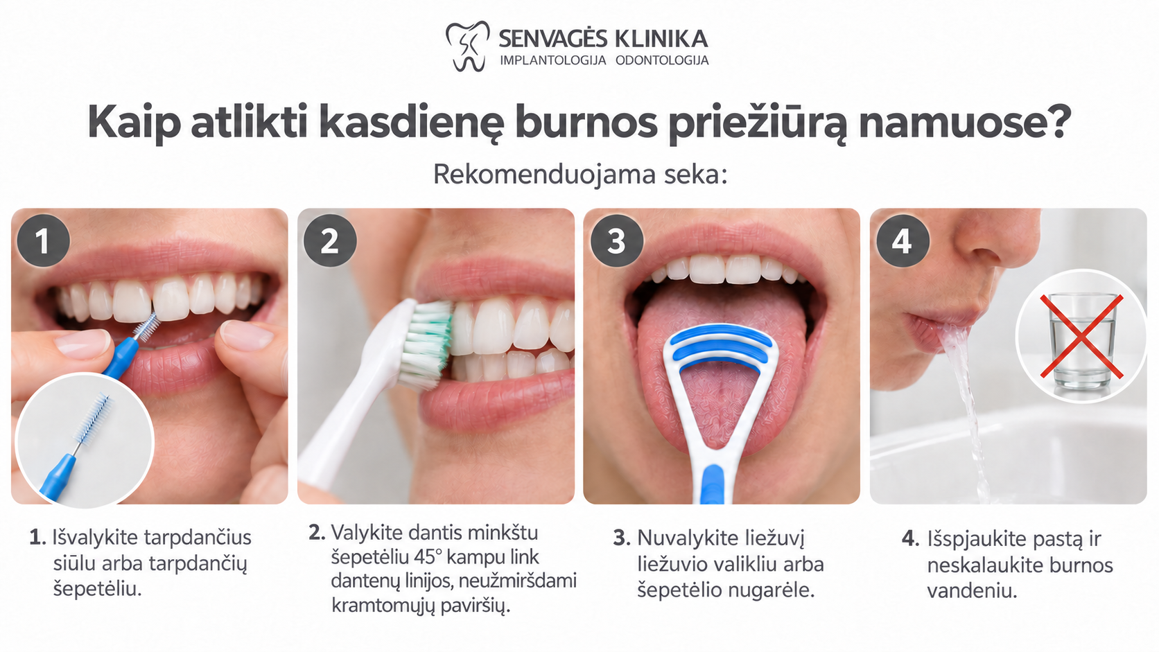 „Keturių žingsnių kasdienės burnos priežiūros infografika: tarpdančių valymas, dantų valymas minkštu šepetėliu, liežuvio valymas ir pastos išspjovimas neskalaujant burnos vandeniu.“